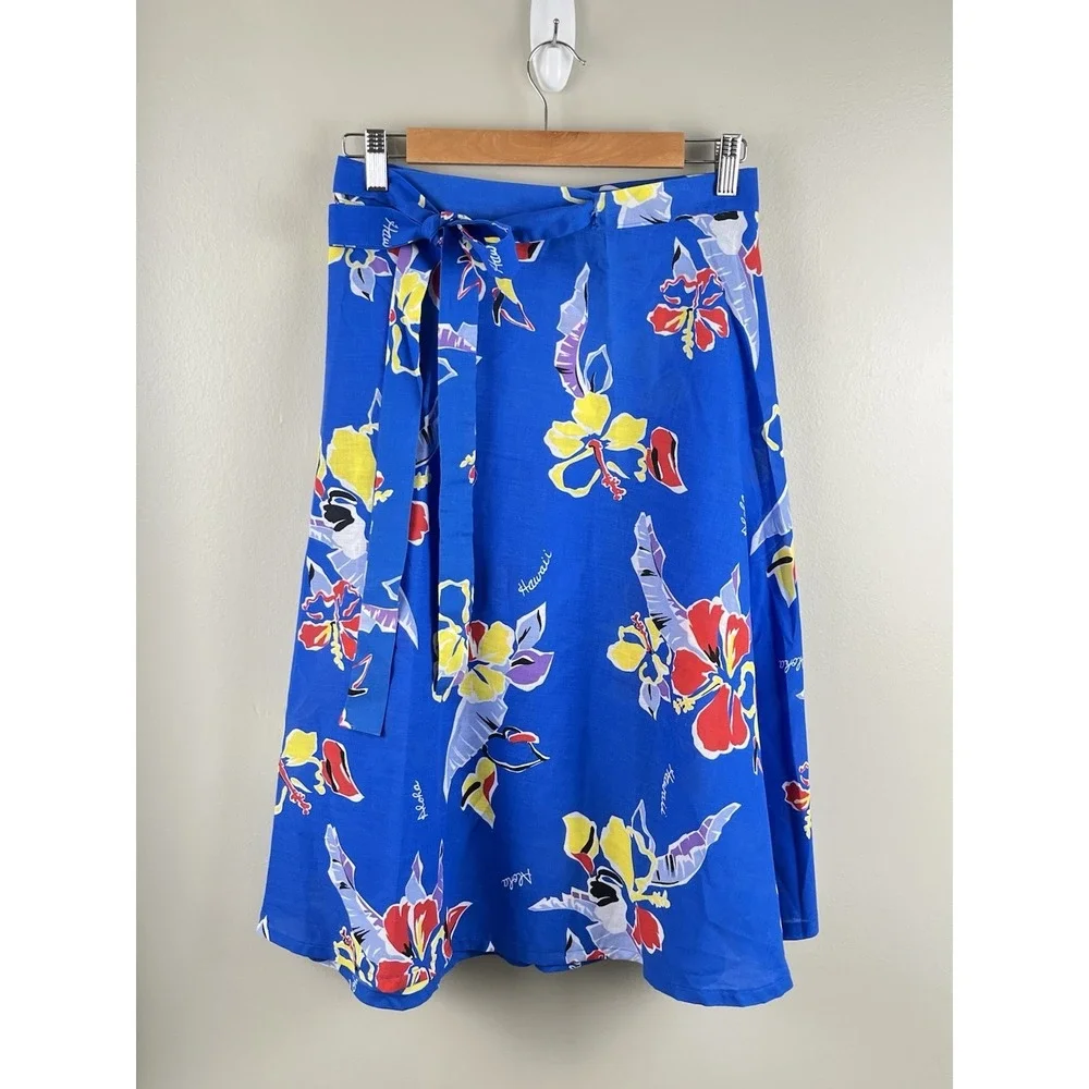Lake Barrine Vtg Hawaiian Wrap Midi Skirt‎ Blue Floral One Size